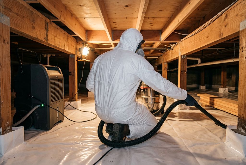 A technician in a white protective suit and respirator HEPA-vacuums a crawl space beside a running dehumidifier