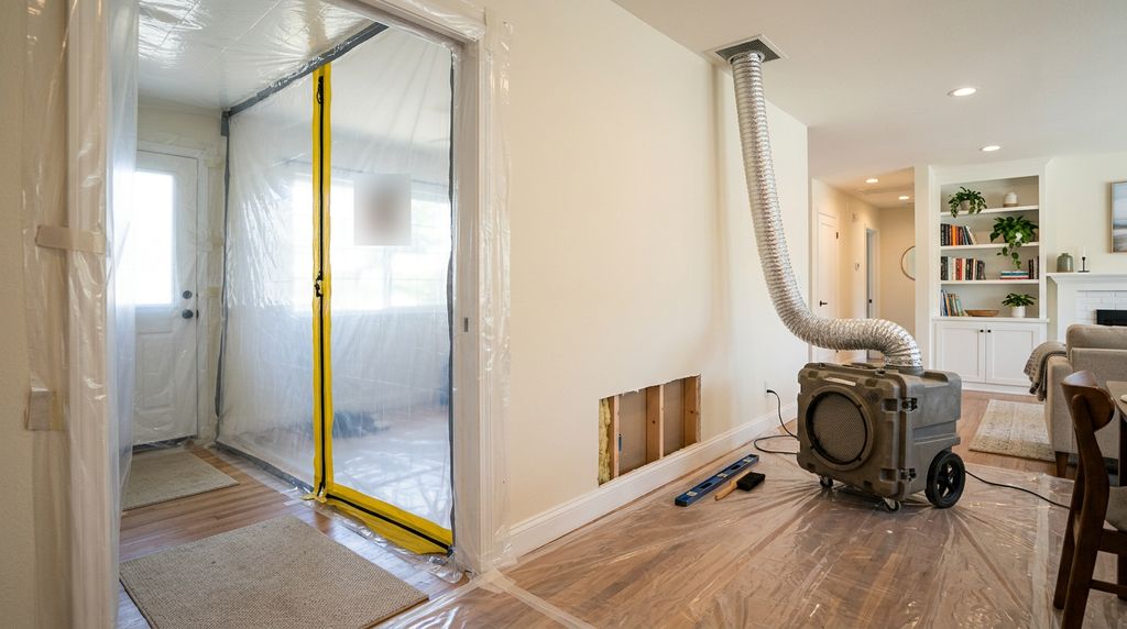 A San Jose home hallway with a plastic containment zone sealed by a zipper door and a HEPA air scrubber running beside an opened section of wall