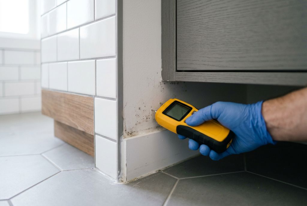 A technician in blue gloves checks a bathroom wall near the floor with a moisture meter, with light mold spotting along the baseboard